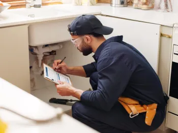 Professional plumber inspecting plumbing beneath a kitchen sink using a tablet