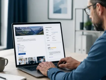 Business owner reviewing the company website and online business profile on a laptop