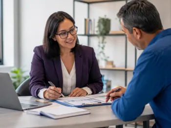 Business owner meeting with a professional consultant to review business information and strategy