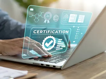 Business professional reviewing digital certification and verification information online