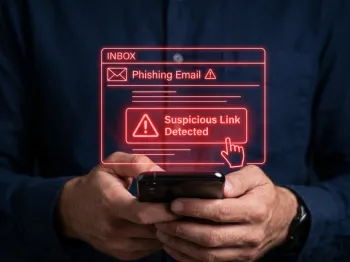 Person reviewing a phishing email and suspicious link warning on a smartphone
