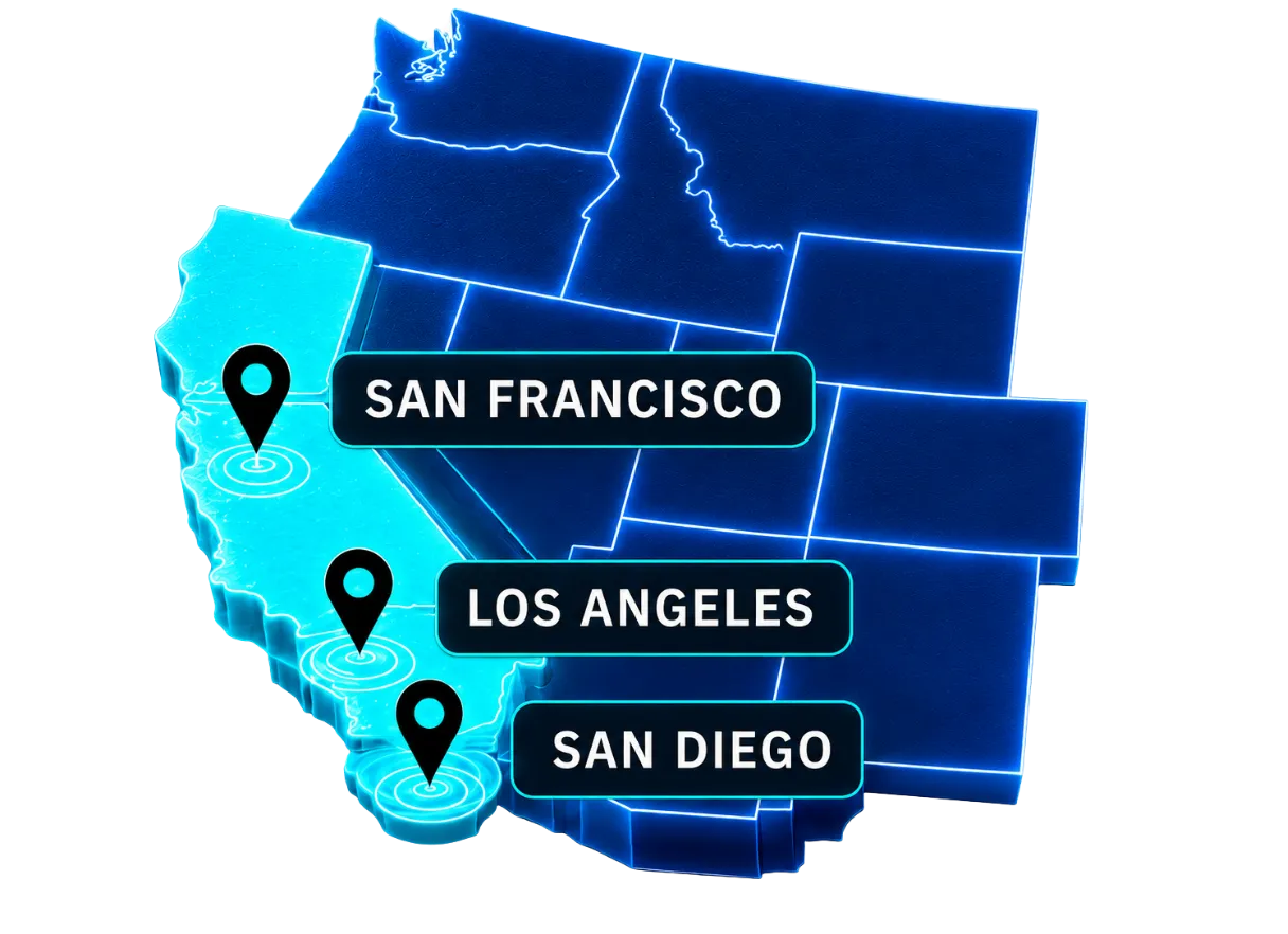 California map highlighting Los Angeles, San Diego, and San Francisco with connected location markers