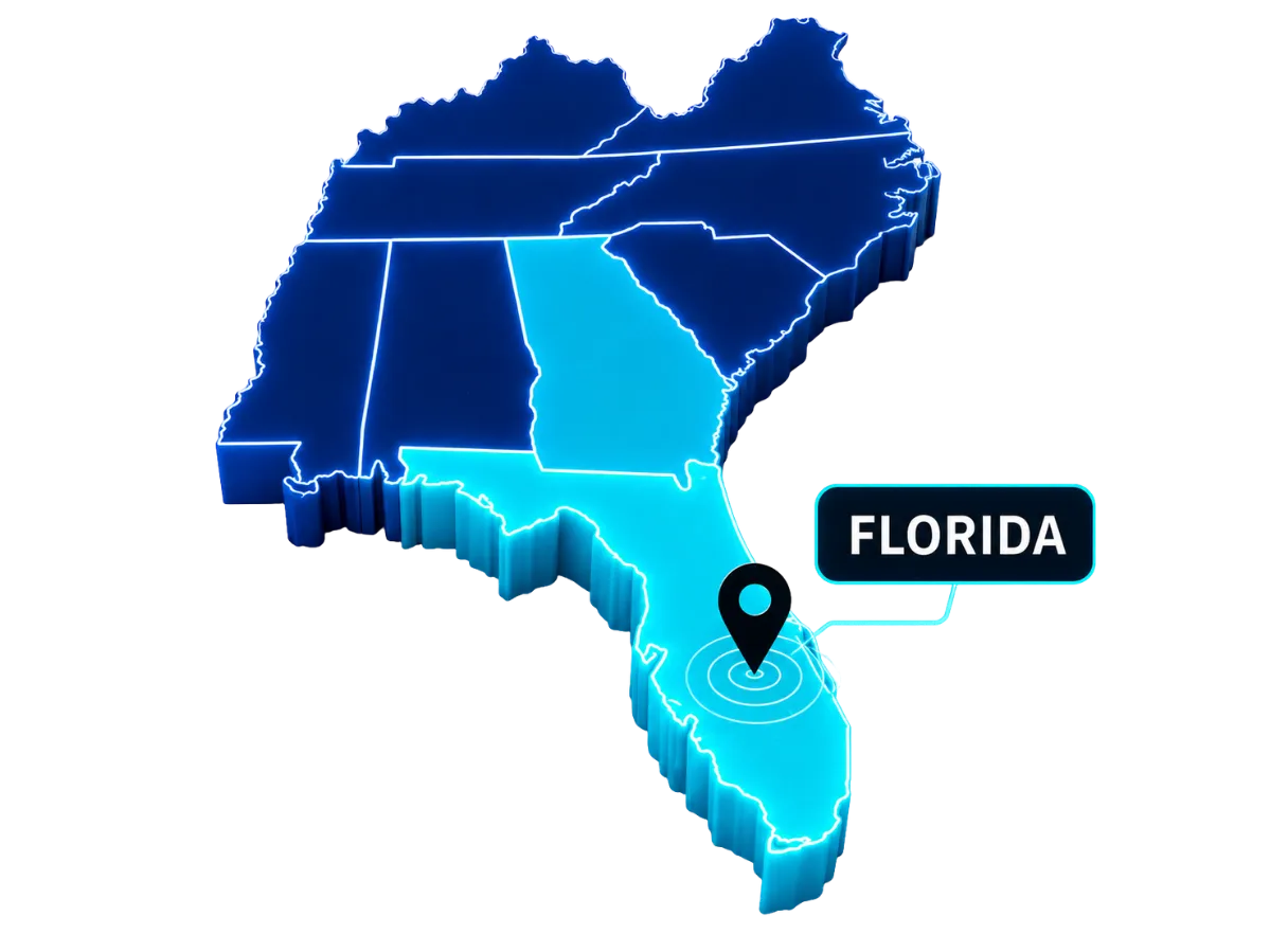 3D map of Florida highlighted in cyan with Miami marked by a location pin