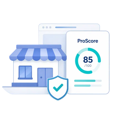 Local business profile displaying a PLOCAL evaluation and ProScore