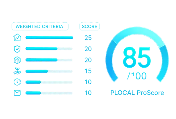 PLOCAL ProScore dashboard showing weighted evaluation criteria and an 85 out of 100 score