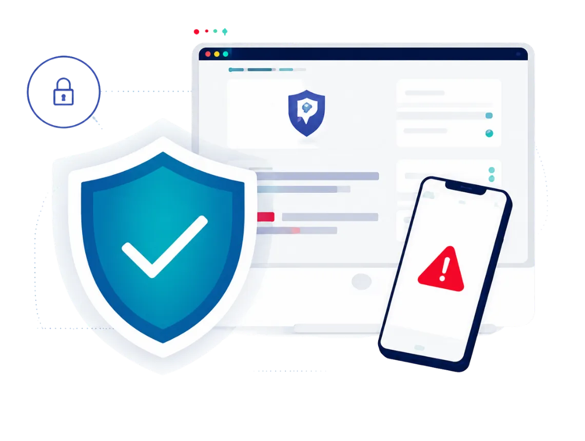 Shield, computer, and mobile phone representing protection from online fraud
