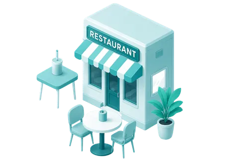 Restaurant and food business storefront with tables and outdoor seating