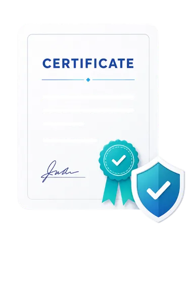 Professional certificate and verification shield representing business experience and credentials