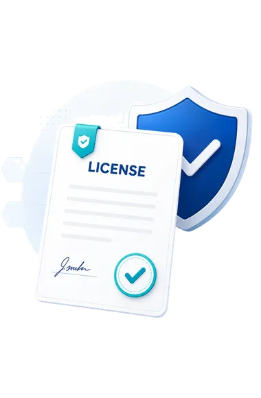 Business license document and protection shield representing legitimacy and compliance